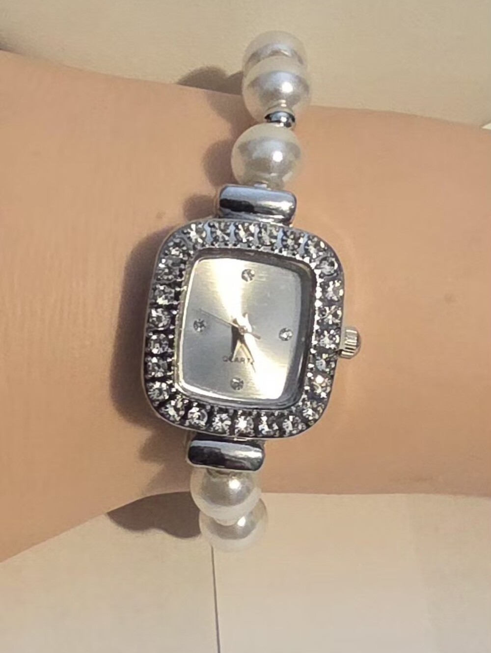 Silver Pearl Beaded Crystal Accent Women's Bracelet Watch